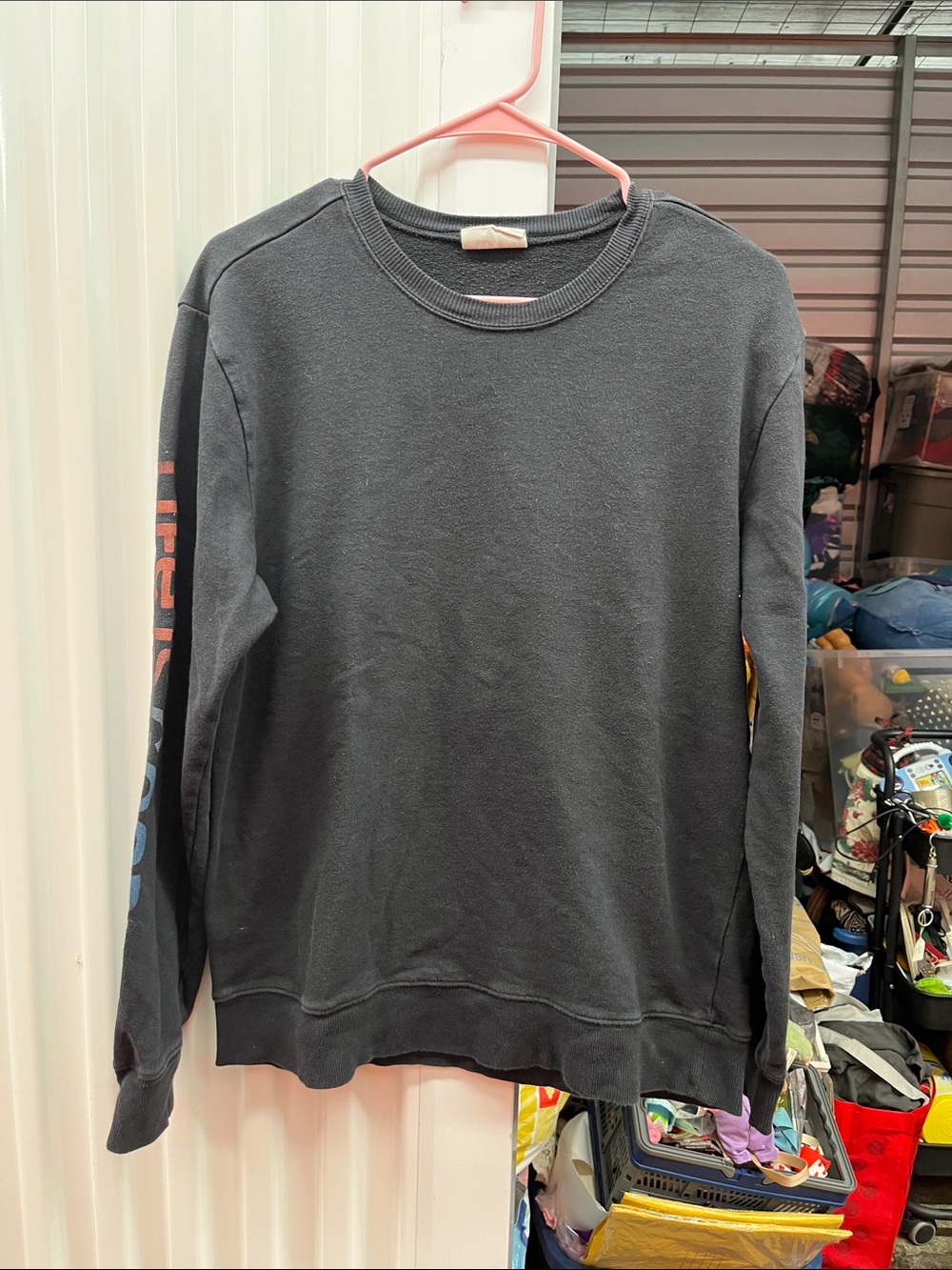 Life Is Good Men's Charcoal Crewneck Sweatshirt with Multicolor Sleeve Print